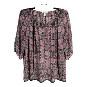 Croft & Barrow Women 1X Pink Geometric Print Blouse 3/4 Sleeves Drawstring Neck